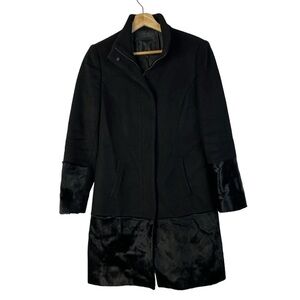 Dawn Levy Trinity Black Wool Button Front Fur Hem Pea Coat M